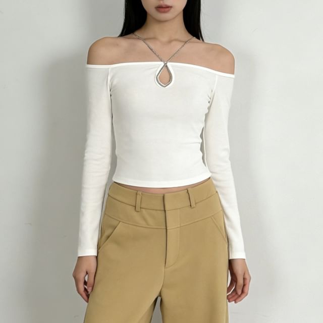 Cutout Crop Tee with Halter and Off-Shoulder Long Sleeves