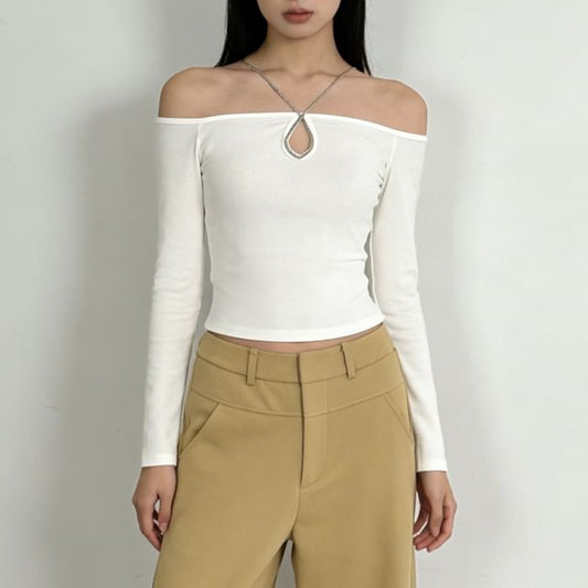 Cutout Crop Tee with Halter and Off-Shoulder Long Sleeves