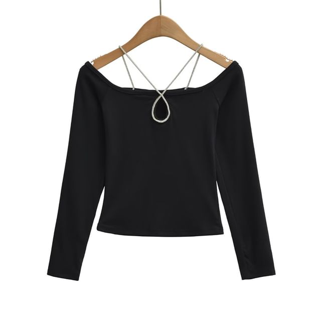 Cutout Crop Tee with Halter and Off-Shoulder Long Sleeves