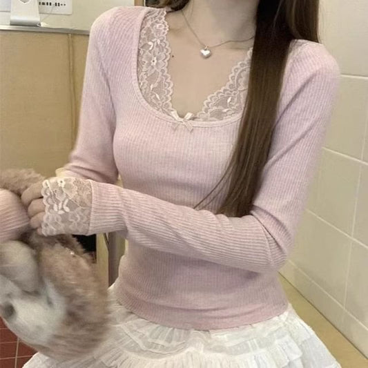 Lace Trim Long Sleeve Solid Color Tee