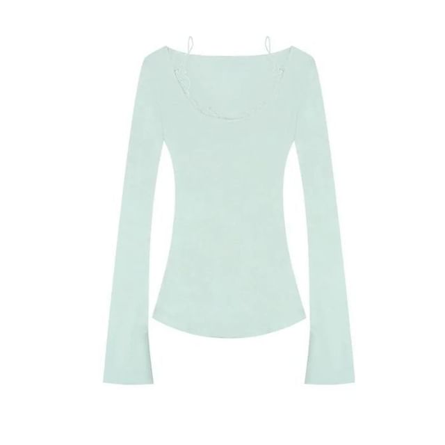 Scoop Neck Lace Trim Long Sleeve Mock Two-Piece Top