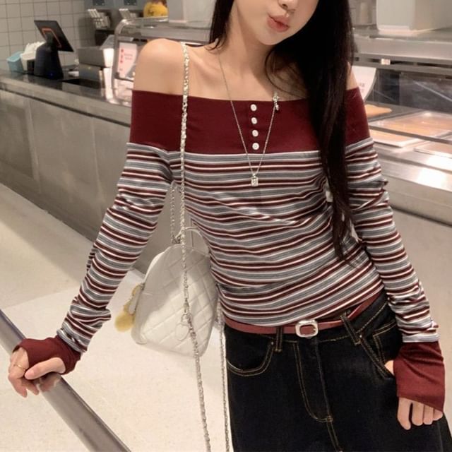 Off Shoulder Long Sleeve Striped Blouse
