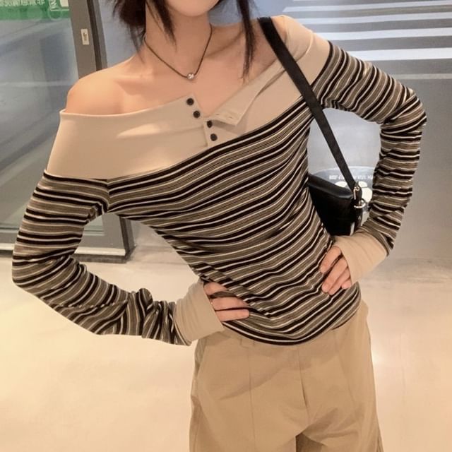 Off Shoulder Long Sleeve Striped Blouse