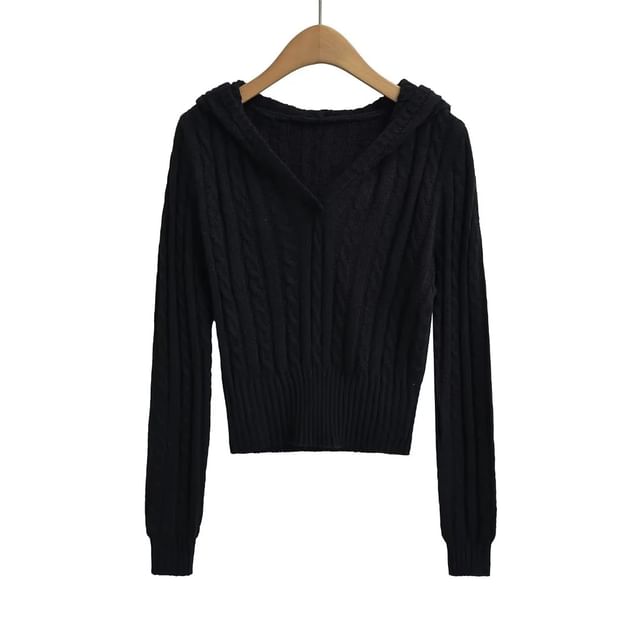 V-Neck Cable Knit Crop Hoodie