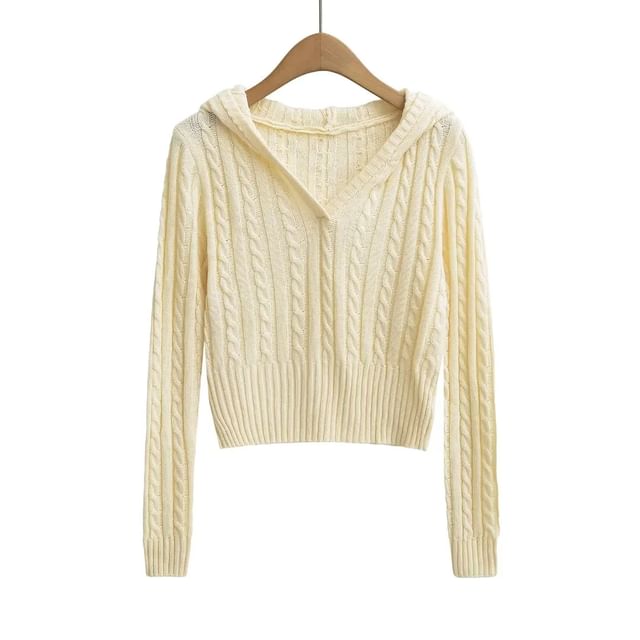 V-Neck Cable Knit Crop Hoodie