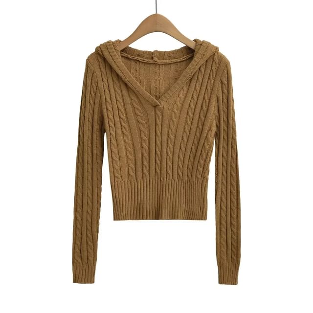 V-Neck Cable Knit Crop Hoodie
