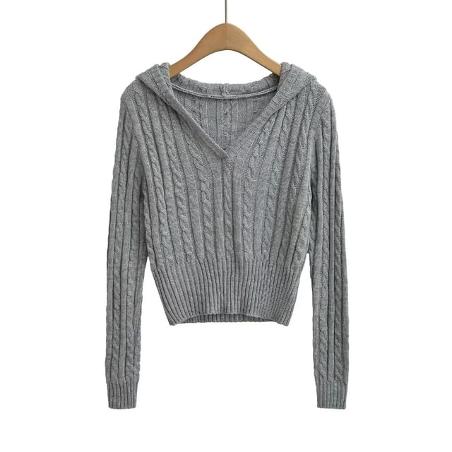 V-Neck Cable Knit Crop Hoodie