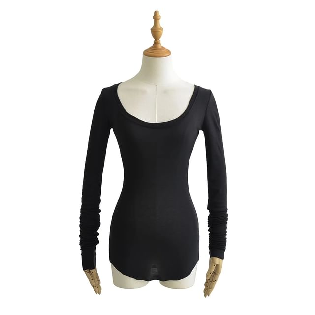 Sheer Slim Fit Scoop Neck Long Sleeve Top