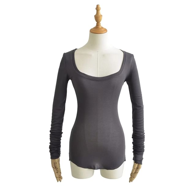 Sheer Slim Fit Scoop Neck Long Sleeve Top