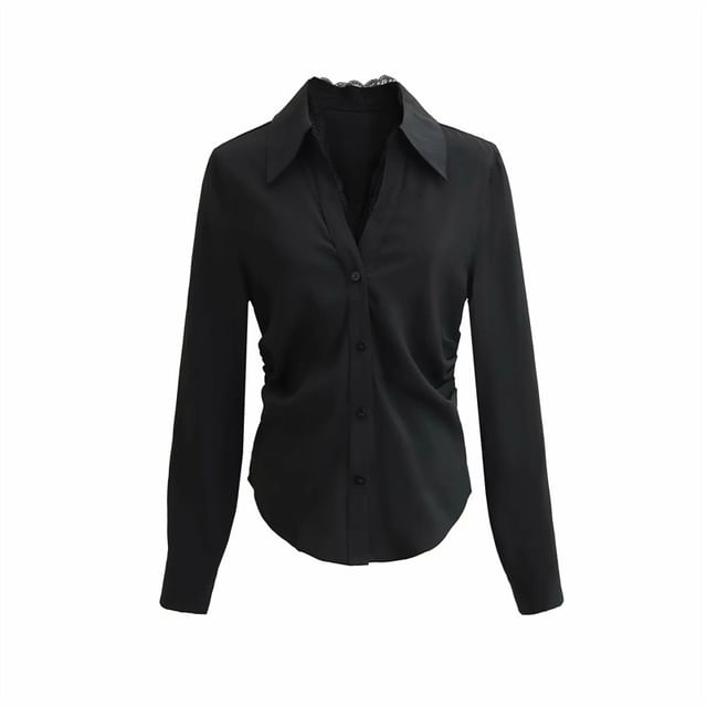 Collared V-Neck Lace Panel Button Blouse