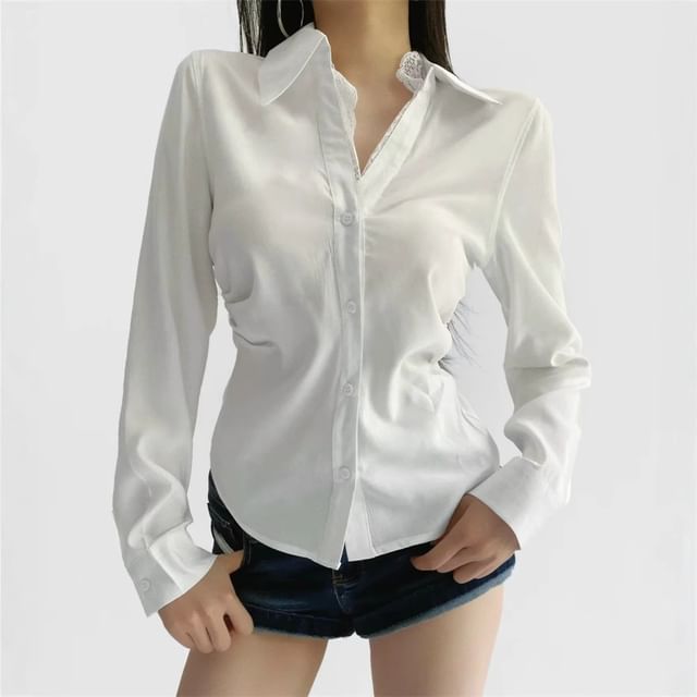 Collared V-Neck Lace Panel Button Blouse
