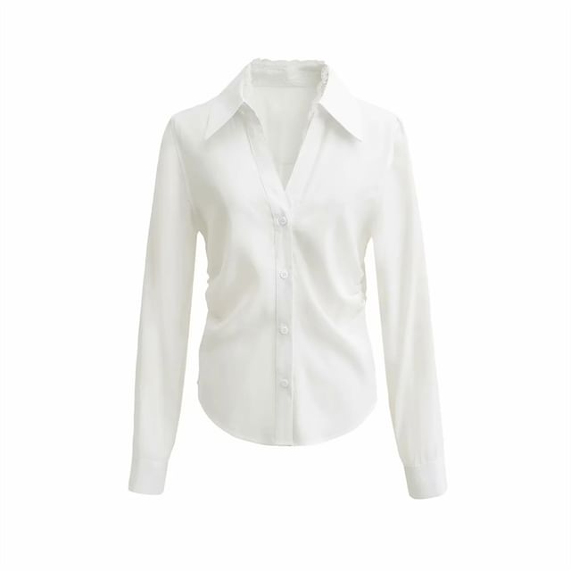 Collared V-Neck Lace Panel Button Blouse