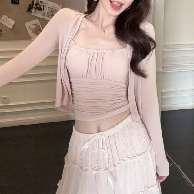 Plain Ruched Crop Camisole Top / Drawstring Waist Frill Trim Sheer Maxi A-Line Skirt / V-Neck Button-Up Cardigan