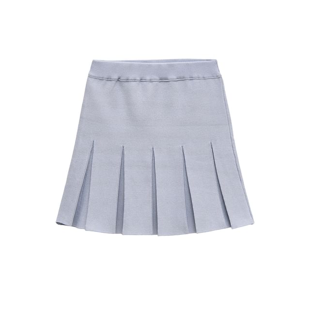 Crew Neck Embellished Knit Top with High-Waisted Pleated Mini Skirt Set