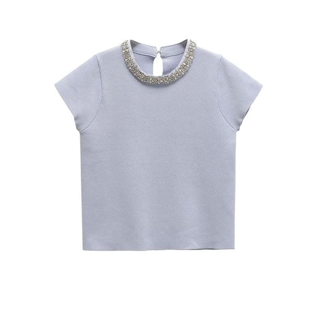 Crew Neck Embellished Knit Top with High-Waisted Pleated Mini Skirt Set