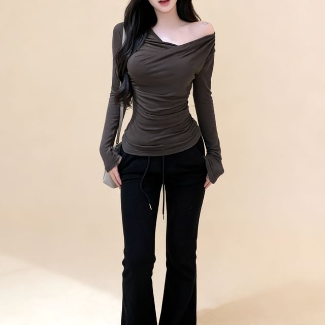 Asymmetric V-Neck Long Sleeve Solid Top