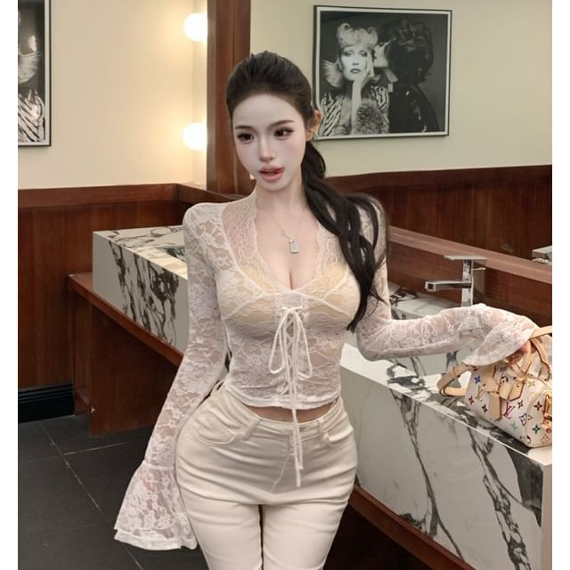 V-Neck Lace Crop Long Sleeve Top