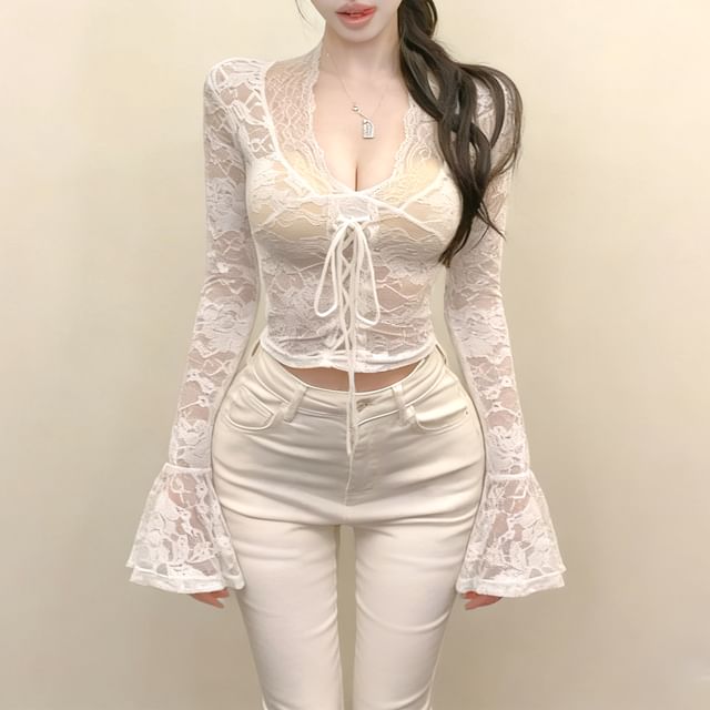 V-Neck Lace Crop Long Sleeve Top