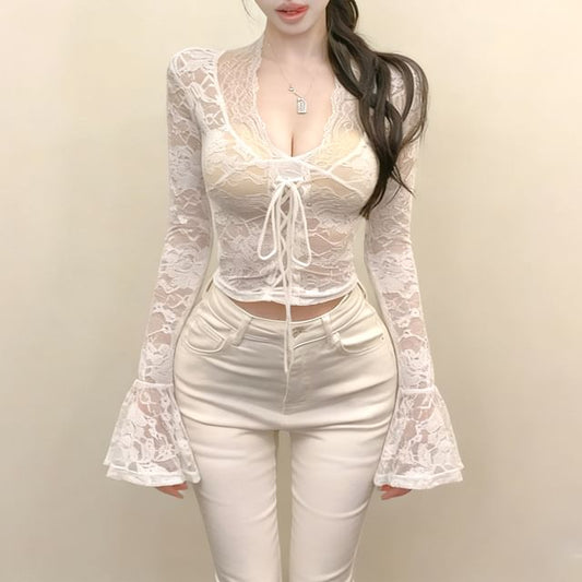 V-Neck Lace Crop Long Sleeve Top