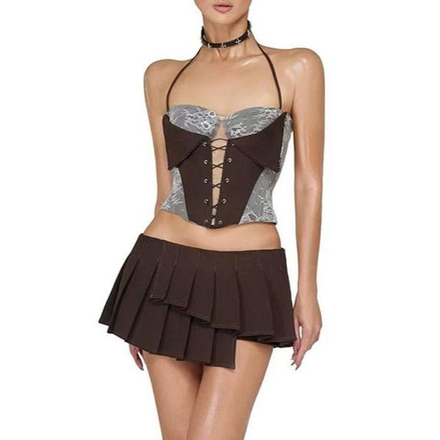 Halter Lace-Up Back Crop Top with Low Rise Pleated Skirt Set