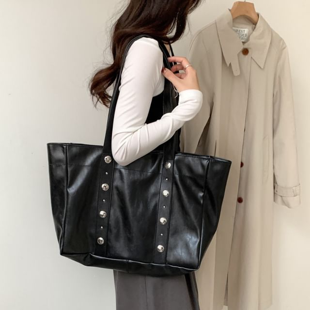Studded Faux Leather Tote Bag