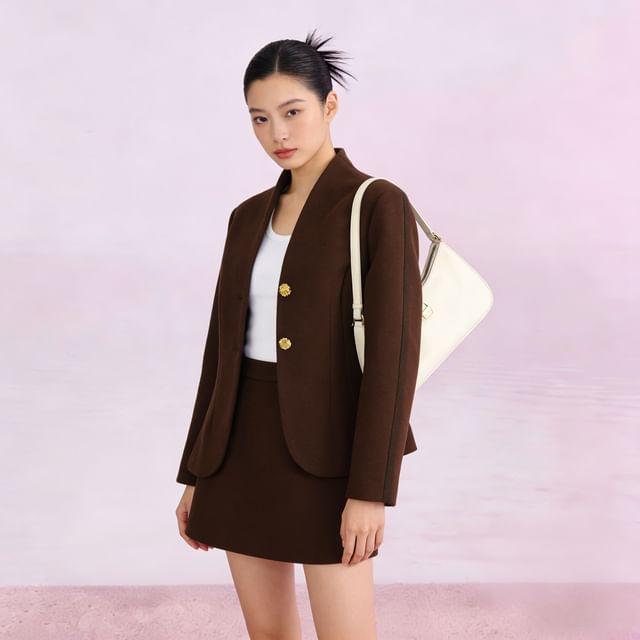 V-Neck Button-Up Blazer & Mini Pencil Skirt Set