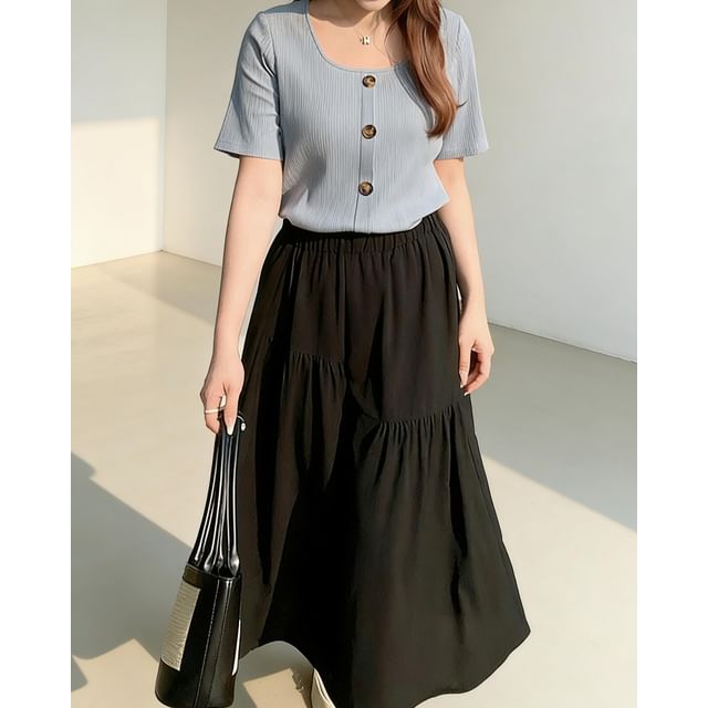 Square Neck Short-Sleeve Ribbed Top with Elastic Waist Midi A-Line Skirt