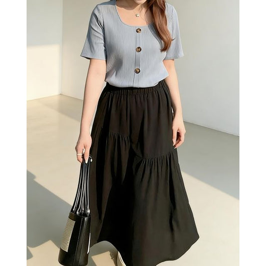 Square Neck Short-Sleeve Ribbed Top with Elastic Waist Midi A-Line Skirt