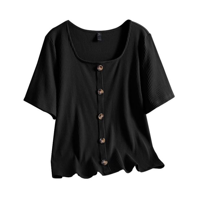 Square Neck Short-Sleeve Ribbed Top with Elastic Waist Midi A-Line Skirt