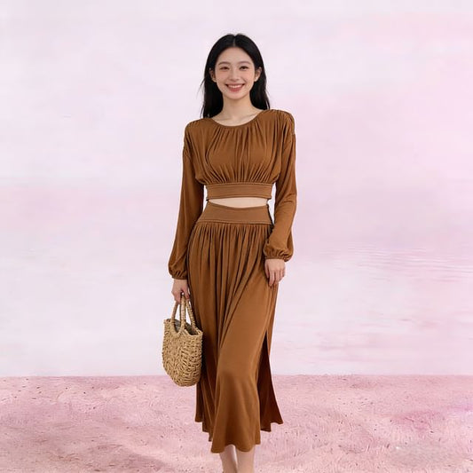 Puff-Sleeved Crop Top & High-Waisted Midi A-Line Skirt Set