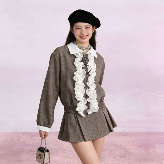 Plaid Contrast Trim Ruffle Jacket & Pleated Mini Skirt Set