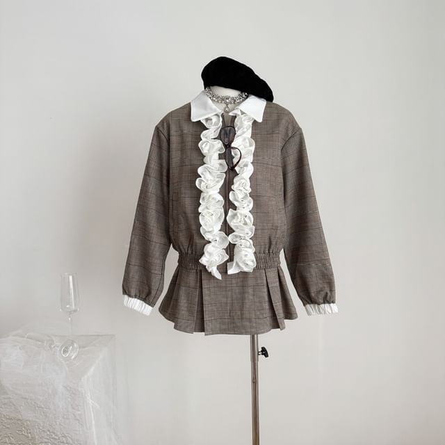 Plaid Contrast Trim Ruffle Jacket & Pleated Mini Skirt Set