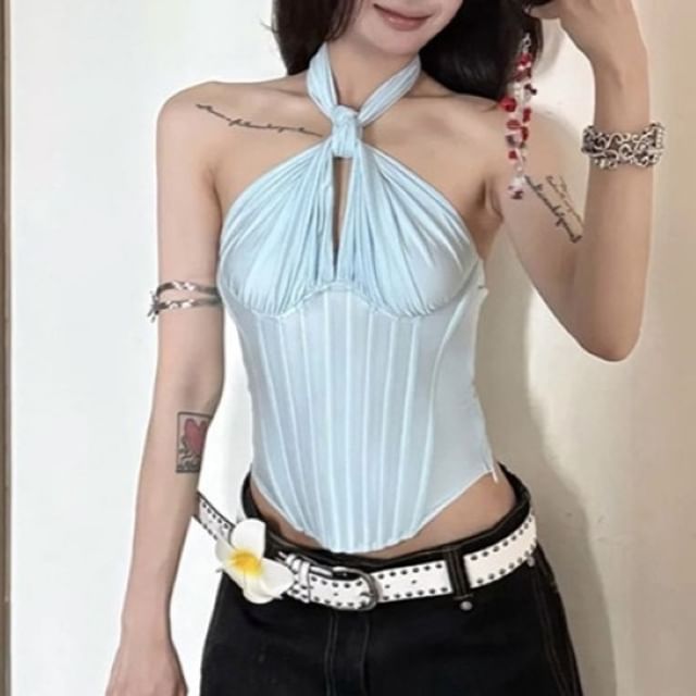 Knotted Halter Neck Solid Color Crop Top