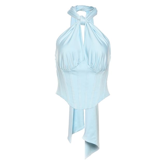Knotted Halter Neck Solid Color Crop Top
