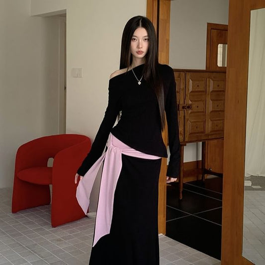 One Shoulder Asymmetric Top with Two Tone Tie-Up Maxi A-Line Skirt