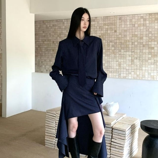 Pinstriped Long Sleeve Shirt with Necktie and Low Rise High-Low Pencil Skirt Set