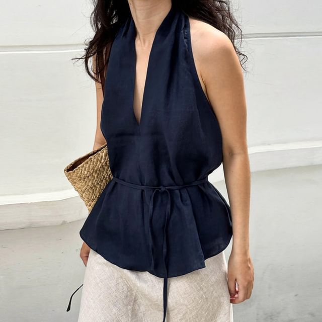 Plunged Halter Peplum Top with Tie Waist