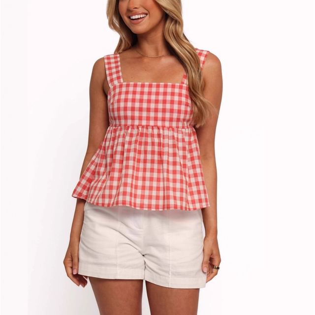 Gingham Print Square Neck Peplum Tank