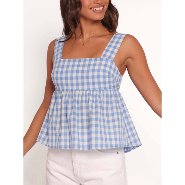 Gingham Print Square Neck Peplum Tank