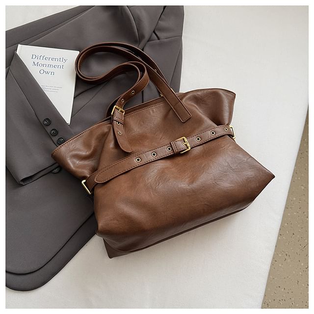 Faux Leather Buckled Strap Shoulder Bag