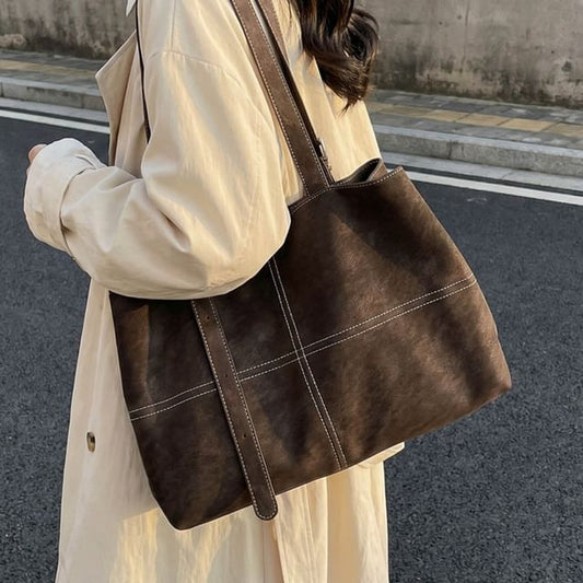 Faux Suede Contrast Stitching Tote Bag