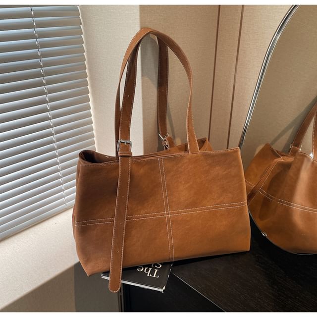 Faux Suede Contrast Stitching Tote Bag