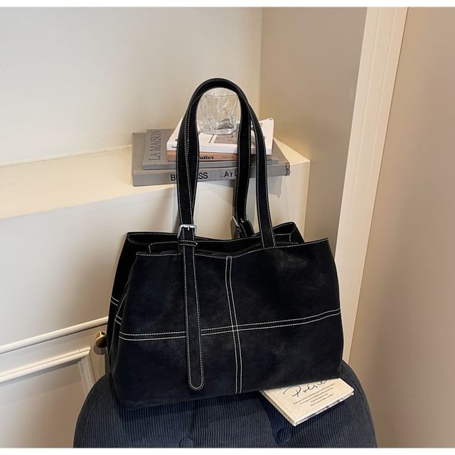 Faux Suede Contrast Stitching Tote Bag