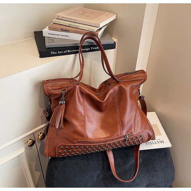 Faux Leather Studded Shoulder Bag