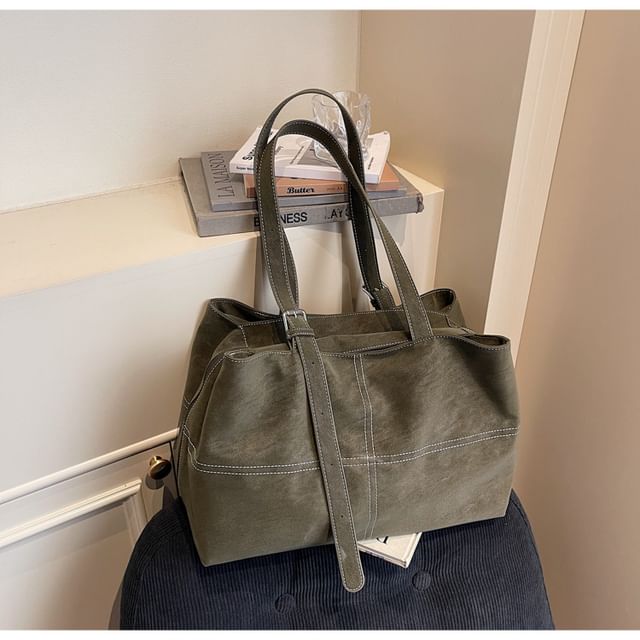 Faux Suede Contrast Stitching Tote Bag