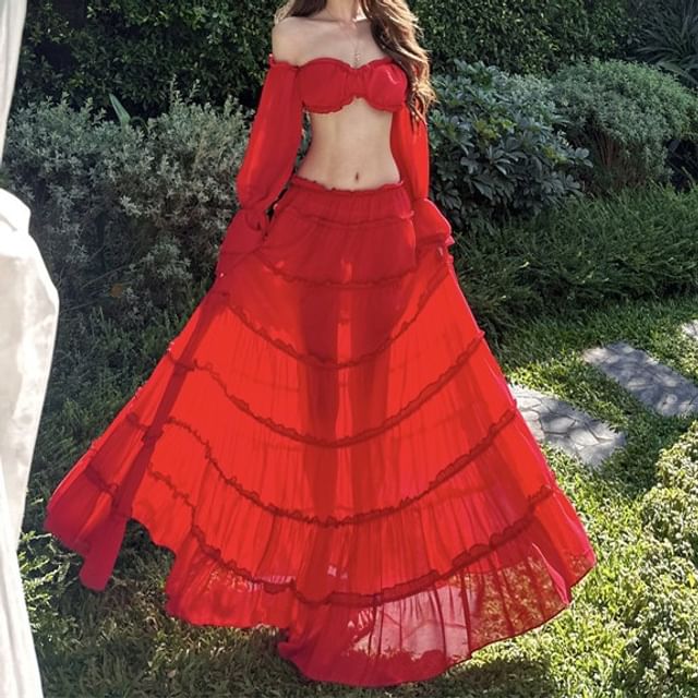 Off-Shoulder Frill Crop Top with Mid Rise Tiered Maxi A-Line Skirt Set