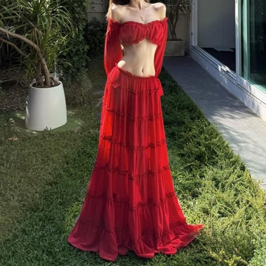 Off-Shoulder Frill Crop Top with Mid Rise Tiered Maxi A-Line Skirt Set