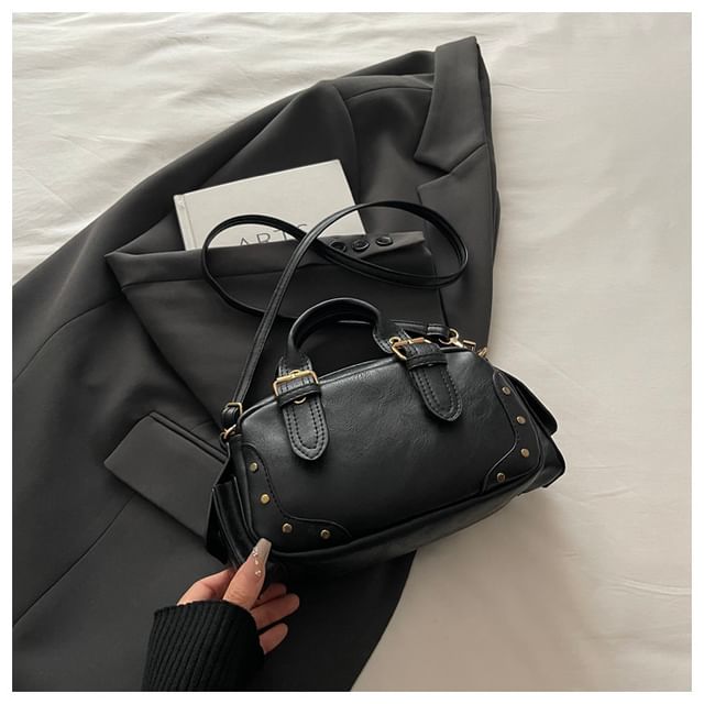 Studded Buckled Flap Pocket Crossbody Bowler Bag