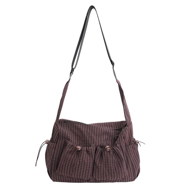Drawstring Pocket Plaid Fabric Shoulder Bag