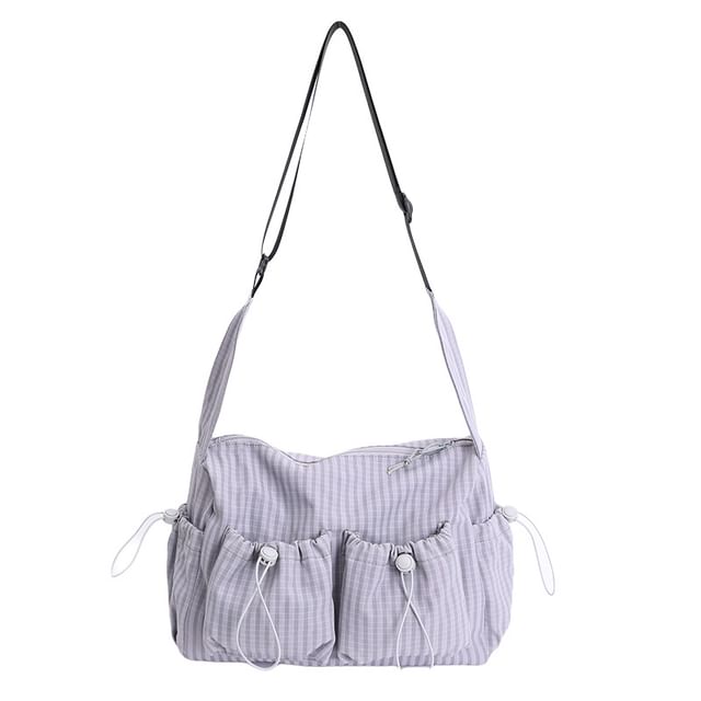 Drawstring Pocket Plaid Fabric Shoulder Bag